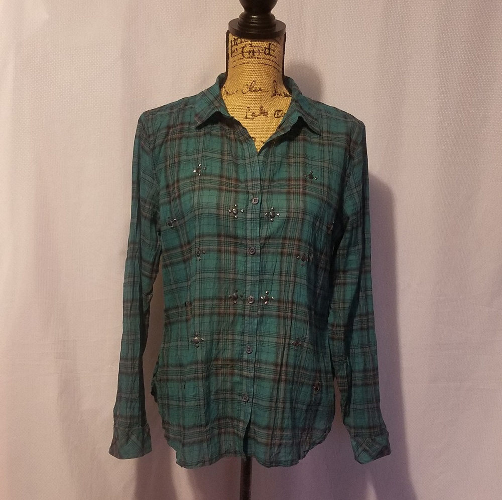 Rock & Republic studded plaid button down shirts.